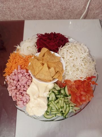 Козел в огороде салат классический с мясом и чипсами рецепт с фото пошагово