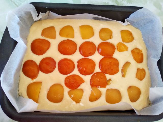 Бисквитный пирог с консервированными абрикосами